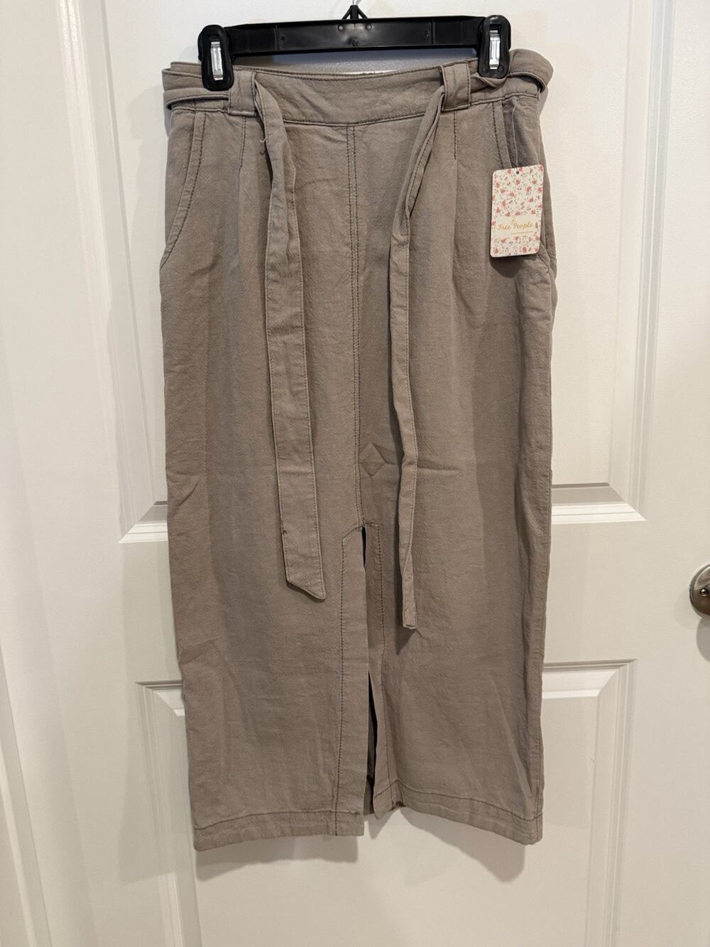 Free People Womens Sz 2 Linen Cotton Midi Skirt Mushroom Belted Front Slit Boho